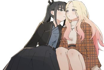 2girls absurdres amaya_tsubame black_hair black_jacket black_skirt blonde_hair blue_shirt commentary_request gakuen_idolmaster gradient_hair green_eyes hago_(85_p_46) highres idolmaster imminent_kiss jacket juo_sena long_hair looking_at_another multicolored_hair multiple_girls orange_jacket orange_skirt pink_streaks plaid_clothes plaid_jacket plaid_skirt ponytail shirt simple_background skirt sweater turtleneck turtleneck_sweater white_background white_sweater yuri