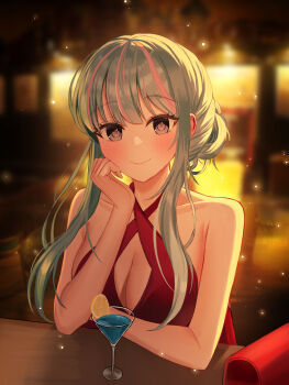 Rule 34 | 1girl, absurdres, bare arms, blush, breasts, cleavage, closed mouth, cocktail, cocktail glass, collarbone, commentary request, criss-cross halter, cup, drinking glass, elbow rest, food, fruit, grey eyes, grey hair, hair bun, halter shirt, halterneck, hand rest, hand up, highres, korean commentary, large breasts, lemon, lemon slice, looking at viewer, mixed-language commentary, multicolored hair, original, pov across table, red shirt, shirt, sleeveless, smile, solo, streaked hair, woochorong