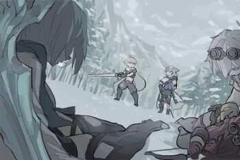 2girls 3boys aether_(genshin_impact) ahoge albedo_(genshin_impact) amber_(genshin_impact) animated animated_gif battle bennett_(genshin_impact) blonde_hair blood blue_eyes braid breath brown_hair clenched_teeth closed_mouth coat crazy_eyes crazy_smile cuts day decapitation dirty dirty_face duel eula_(genshin_impact) festering_desire_(genshin_impact) frown genshin_impact gloves goggles goggles_on_head grey_sky holding holding_sword holding_weapon injury kieruart long_hair lying multiple_boys multiple_girls open_mouth outdoors pink_eyes planted planted_sword planted_weapon regeneration severed_head single_braid skull sky smile snow snowing sword sword_fight teeth tree twitter_username weapon yellow_eyes