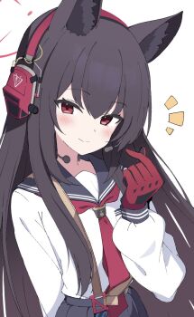 Rule 34 | 1girl, animal ears, black gloves, blue archive, brown hair, double finger heart, finger heart, fox ears, fox girl, gloves, grey sailor collar, grey skirt, hair between eyes, halo, highres, long hair, memoi, neckerchief, red eyes, red gloves, red halo, red neckerchief, sailor collar, school uniform, serafuku, shirt, simple background, skirt, solo, two-tone gloves, white background, white shirt, yukino (blue archive)