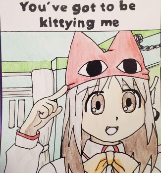 Rule 34 | 1girl, azumanga daiou, bow, bowtie, brown eyes, brown hair, collared shirt, commentary, dabbatron, english commentary, english text, hat, highres, indoors, kasuga ayumu, long hair, long sleeves, looking at viewer, mihama chiyo's father, open mouth, painting (medium), pointing, pointing at self, portrait, pun, shirt, smile, solo, tareme, traditional media, watercolor (medium), white shirt, yellow bow, yellow bowtie