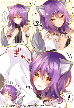 1girl alternate_costume animal_ears brown_eyes chibi gina_(gnosia) gnosia hair_between_eyes heterochromia highres long_sleeves medium_hair multiple_persona purple_hair rocomani shirt short_sleeves solo tail translation_request upper_body wavy_hair