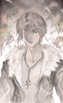 Rule 34 | 1boy, 9twoeight, absurdres, blue eyes, brown hair, chain, chain necklace, commentary, crying, crying with eyes open, dated commentary, earrings, english commentary, final fantasy, final fantasy viii, fur-trimmed jacket, fur trim, highres, jacket, jewelry, male focus, necklace, open clothes, open jacket, parted lips, pendant, scar, scar on face, shirt, solo, squall leonhart, stud earrings, tears, upper body, v-neck, white fur, white shirt