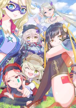 6+girls absurdres american_flag black_hair blonde_hair breast_press brown_hair carole_reaper charlotta_skopovskaya flag forehead grey_hair heaven_burns_red highres indian_flag irene_redmayne italian_flag li_yingxia long_hair looking_at_viewer maria_de_angelis mimizuku multiple_girls people's_republic_of_china_flag red_eyes russian_flag team_31x_(heaven_burns_red) thighs union_jack vritika_balakrishnan