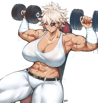 1girl abs armpits artist_name bandaged_arm bandages batako_(batakoart) belt blonde_hair blush breasts breathing_(animated) brown_belt chair cleavage covered_erect_nipples cowboy_shot dark-skinned_female dark_skin debonair_diamond dumbbell exercising eyepatch hair_between_eyes highres huge_breasts looking_down mature_female motion_lines muscular muscular_female navel nose_blush pants red_eyes red_hood_(kawaguchi) scar scar_on_arm scar_on_stomach serious short_hair simple_background sitting solo spiked_hair sports_bra steaming_body taut_clothes thick_neck thick_thighs thigh_gap thighs weightlifting white_background white_pants