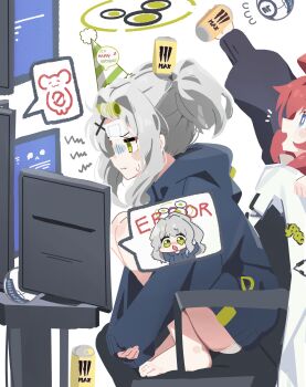 2girls ball blue_archive chibi halo hood hoodie kotama_(blue_archive) looking_at_viewer maki_(blue_archive) monitor monster_(drink) multiple_girls patanda red_eyes school_uniform simple_background squatting white_background