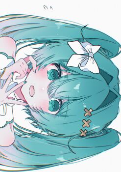Rule 34 | 1girl, @ @, aqua hair, aqua nails, bare shoulders, blush, bow, commentary request, fingernails, hair bow, hair intakes, hair ornament, hand on own face, hands up, hatsune miku, highres, hiramado miku, kowareta sekai to utaenai miku, looking at viewer, nail polish, open mouth, portrait, project sekai, ria art, sideways, simple background, solo, twintails, vocaloid, white background, white bow, x hair ornament