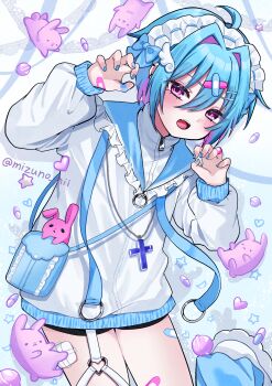 1boy absurdres angel_wings_hair_ornament bag bandaid bandaid_hair_ornament bandaid_on_leg black_shorts blue_bow blue_hair blue_nails blush bow candy commentary_request cross cross_necklace fang food frills garter_straps gauze gauze_on_leg hair_intakes hair_ornament heart highres jacket jewelry lollipop long_sleeves looking_at_viewer maid_headdress male_focus nail_polish necklace open_mouth original paw_pose pill pink_eyes pink_streaks short_hair short_shorts shorts solo star_(symbol) strap stuffed_animal stuffed_rabbit stuffed_toy taiya tenshi_kaiwai thigh_strap track_jacket trap white_jacket zipper