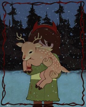 animal barbed_wire black_eyes blood blood_on_clothes blood_on_hands brown_hair brown_pants child coat commentary dark_background deer deltarune english_commentary fake_horns forest green_coat highres holding holding_animal horn_ornament horn_ribbon horns injury knuckle-velv3tt kris_(deltarune) looking_at_viewer medium_hair nature noelle_holiday pants pine_tree red_horns red_ribbon ribbon snow snowing striped_clothes striped_coat tree utdr_(toby_fox) weird_route_(deltarune) winter winter_clothes winter_coat wire