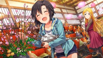 Rule 34 | 2girls, :d, blonde hair, blue jacket, blush, closed eyes, commentary request, denim, denim shorts, dress, flower, game cg, holding, holding plant, hood, hood down, hooded jacket, idolmaster, idolmaster (classic), idolmaster million live!, idolmaster million live! theater days, indoors, jacket, kikuchi makoto, leaning forward, long hair, multiple girls, official art, open clothes, open jacket, open mouth, plant, red dress, shinomiya karen, shirt, short hair, shorts, smile, standing, third-party source, white shirt