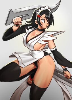 1girl black_hair breasts butterfly_swords choker cleavage collarbone detached_sleeves dingoo dual_wielding holding holding_weapon iroha_(samurai_spirits) large_breasts maid maid_headdress samurai_spirits sideboob snk solo weapon
