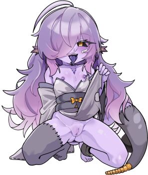 1girl absurdres ahoge censored colored_skin colored_tongue flat_chest highres loli long_hair mosaic_censoring nipples open_mouth original paid_reward_available poyo154297 purple_skin purple_tongue pussy simple_background solo thighhighs tongue tongue_out white_background