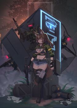 1girl absurdres animal_ear_fluff animal_ears assault_rifle backlighting bikini black_bikini boots breasts brown_hair cadpat callisto_(greyeth) chain combat_boots commission cropped_jacket denim denim_shorts dog_tags fingerless_gloves fox_ears fox_tail gloves gun highres holding holding_gun holding_weapon holster long_bangs looking_at_viewer medium_breasts metal_plate midriff multicolored_hair navel_piercing neon_sign orange_eyes original piercing ponytail rifle robot second-party_source shell_casing short_shorts shorts sig_mpx streaked_hair submachine_gun swimsuit syaha tail thigh_holster thighhighs thong tree watch weapon