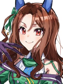 1girl animal_ears asahina_(asahina_0428) blush bow breasts brown_hair dress ear_bow ear_covers ear_ribbon gloves green_bow green_dress hair_between_eyes highres horse_ears horse_girl king_halo_(king_of_emeralds)_(umamusume) king_halo_(umamusume) long_hair looking_at_viewer ojou-sama_pose red_eyes shirt smile solo umamusume