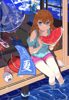 Rule 34 | 1girl, architecture, blue eyes, blue shirt, blush, braid, cheek bulge, clothing cutout, collarbone, dot nose, drawstring, east asian architecture, eating, flower, food, fruit, gym shorts, hand fan, highres, holding, holding food, idolmaster, idolmaster million live!, idolmaster million live! theater days, incense burner, kanji connection, kayari buta, kousaka umi, light brown hair, long hair, looking at viewer, marine day, merukuma, mosquito coil, name connection, paper fan, pink shorts, plant, potted plant, shirt, short shorts, shorts, shoulder cutout, sitting, smile, soaking feet, solo, tanzaku, tatami, twin braids, uchiwa, water, water drop, watermelon, watermelon slice, wind chime, window
