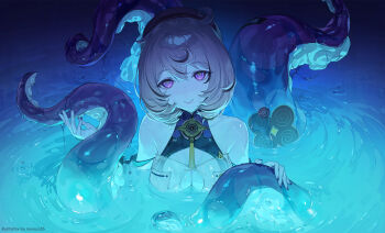 1girl absurdres bare_shoulders black_hat blonde_hair breasts cleavage_cutout clothing_cutout collarbone commentary commentary_request english_commentary fingernails guest_art hand_up hat highres large_breasts looking_at_viewer medium_hair mixed-language_commentary mole mole_under_mouth monoco55 monster_girl nail_polish parted_lips partial_commentary partially_submerged purple_eyes purple_nails ringed_eyes scylla smile solo tentacles water wet yidhari_murphy zenless_zone_zero