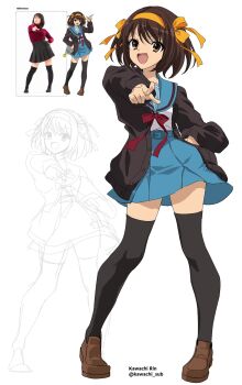 Rule 34 | 1girl, black cardigan, black thighhighs, blue sailor collar, brown eyes, brown hair, brown shoes, cardigan, commentary request, full body, hair ribbon, hairband, highres, kawachi rin, kita high school uniform, loafers, long sleeves, looking at viewer, open cardigan, open clothes, open mouth, outstretched arm, red ribbon, reference sheet, ribbon, sailor collar, school uniform, serafuku, shoes, simple background, skirt, solo, standing, suzumiya haruhi, suzumiya haruhi no shoushitsu, suzumiya haruhi no yuuutsu, thighhighs, white background, winter uniform, yellow hairband, yellow ribbon