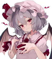 Rule 34 | 1girl, absurdres, ascot, bat wings, closed mouth, commentary, fingernails, frilled sleeves, frills, grey hair, hair between eyes, hat, highres, kani nyan, looking at viewer, mob cap, nail polish, red ascot, red eyes, red nails, remilia scarlet, shirt, short hair, short sleeves, simple background, smile, solo, symbol-only commentary, touhou, upper body, white background, white hat, white shirt, wings