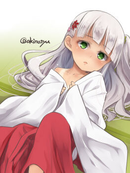 1girl akino_shuu artist_name collarbone commentary_request green_eyes grey_hair hair_ornament hakama japanese_clothes kantai_collection long_hair looking_at_viewer maestrale_(kancolle) miko one_side_up open_mouth partial_commentary solo tan tanline twitter_username