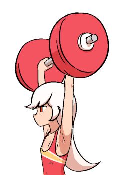 1girl 2020_summer_olympics alternate_costume armpits ashley_(warioware) barbell bodysuit collarbone drawfag exercising female_focus from_side hair_down liveactors long_hair nintendo olympics red_eyes singlet solo sweat upper_body warioware weightlifting white_hair wristband