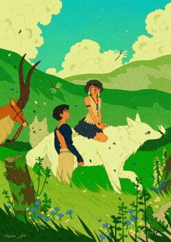 1boy 1girl animal antelope armlet artist_name ashitaka black_hair blue_dress bug butterfly butterfly_on_nose cloud commentary dragonfly dress earrings english_commentary eye_contact facial_mark green_hair helen_jee highres insect jewelry looking_at_another mononoke_hime moro_no_ichizoku on_animal outdoors san_(mononoke_hime) short_hair white_wolf wolf yakul