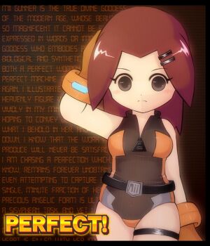 1girl arm_at_side arm_behind_head arm_up bare_shoulders belt black_background black_belt black_border black_eyes blush border breasts brown_background brown_eyes brown_gloves brown_hair brown_leotard buckle chibi closed_mouth copyright_name cowboy_shot english_text expressionless forehead frown gloves grey_eyes hair_ornament hairclip hand_on_own_head leotard long_hair looking_at_viewer medium_breasts mii_(nintendo) mii_gunner mii_gunner_(smash_4) nintendo orange_gloves orange_leotard parted_bangs short_hair skindentation solo standing text_background text_focus thigh_strap wall_of_text zipper zorrpu