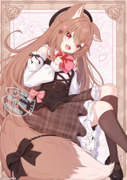 Rule 34 | 1girl, animal ears, artist name, box, brown hair, commentary request, hair ornament, hat, heart, heart hair ornament, highres, long hair, open mouth, original, rade (rade 552), red eyes, signature, smile, socks, solo, tail, twitter username, valentine, watermark, wolf ears, wolf girl, wolf tail