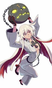 1girl ahoge ankh ankh_necklace ashensol ball_and_chain_restraint breasts center_opening chain commentary dorpos english_commentary guilty_gear guilty_gear_xrd high_heels highres huge_ahoge jack-o'_valentine jumpsuit leg_up long_hair medium_breasts multicolored_hair red_eyes red_hair sidelocks simple_background solo two-tone_hair white_background white_hair white_jumpsuit