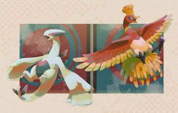 Rule 34 | animal focus, border, commentary request, full body, gen 2 pokemon, hinekure, ho-oh, legendary pokemon, lugia, nintendo, no humans, open mouth, pokemon, pokemon (creature), red eyes, translation request, white border