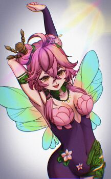 1girl ahoge arm_up armpits breasts brown_eyes cleavage colored_sclera colored_skin double_bun fairy fairy_wings flower froggyloch_(vtuber) green_nails hair_bun hashtag-only_commentary highres indie_virtual_youtuber kamabokojiro leaf leaf_clothing navel open_mouth paintbrush paintbrush_hair_ornament pink_hair pink_skin skin_tight virtual_youtuber wings yellow_sclera