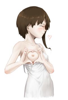 1girl blush breasts brown_hair closed_eyes closed_mouth dress four-finger_heart_hands heart heart-shaped_boob_challenge heart_hands highres iwakura_lain nipples one_breast_out serial_experiments_lain simple_background sleeveless sleeveless_dress small_breasts solo trashman333 white_background white_dress