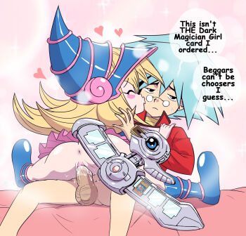 ... 1boy 1girl absurdres anus ass assertive_female blonde_hair blush blush_stickers boots bottomless card chibi kodomo_doushi closed_eyes cowgirl_position cum cum_in_pussy dark_magician_girl disappointed duel_disk duel_monster english_text expressionless half-closed_eyes happy_sex hat heart hetero highres jacket kiss leaning_back loli long_sleeves looking_at_viewer marufuji_sho no_panties penis profile pussy red_jacket sex shota sitting spread_legs straddling testicles therappy toon_dark_magician_girl uncensored yu-gi-oh! yu-gi-oh!_gx