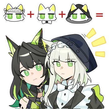 2girls animal_ears arknights black_hair cat_ears cat_girl closed_mouth corrupted_twitter_file green_eyes green_hair headpat highres infection_monitor_(arknights) kal&#039;tsit_(arknights) kal&#039;tsit_(the_remains_of_time)_(arknights) mon3tr_(arknights) multiple_girls simple_background upper_body white_background wwfo_2