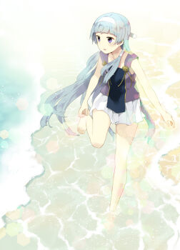 1girl barefoot beach blue_hair blunt_bangs blush female_focus full_body hair_tubes hairband kannagi leg_up long_hair looking_to_the_side nagi open_mouth parted_lips pleated_skirt purple_eyes silver_hair skirt solo standing standing_on_one_leg takenashi_eri very_long_hair wading water white_skirt