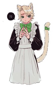 1boy alternate_costume animal_ears animification apron black_dress blonde_hair blush bow bowtie bright_pupils cat_boy cat_ears cat_tail closed_mouth commentary_request crossdressing crossdressing_(mtf) dress embarrassed enmaided frilled_apron frills green_bow green_eyes haaa_om007ls highres kemonomimi_mode korean_commentary lloyd_garmadon long_sleeves looking_at_viewer maid male_focus ninjago puffy_sleeves short_hair simple_background solo speech_bubble steepled_fingers tail tail_bow tail_ornament the_lego_group white_apron white_background white_pupils
