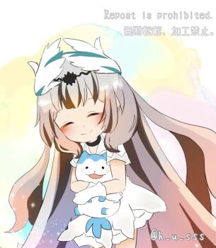 Rule 34 | 1girl, 1other, bandana, bandana around neck, black hair, blue fur, commentary request, fire emblem, fire emblem engage, grey hair, h u sss, hair ornament, hug, long hair, multicolored hair, nintendo, red bandana, solo, sommie (fire emblem), two-tone hair, very long hair, veyle (fire emblem), white fur, wing hair ornament