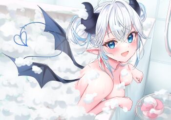 1girl :d absurdres arm_rest bath bathing bathtub black_horns black_wings blue_eyes blue_hair blue_nails blush breast_rest breasts bubble_bath character_request commission crossed_bangs demon_girl demon_horns demon_tail demon_wings double_bun earrings eyelashes fang from_side hair_between_eyes hair_bun highres horns indoors jewelry leaning_forward leaning_on_object looking_at_viewer looking_to_the_side medium_breasts mole mole_under_eye multicolored_hair nail_polish nude null_maru open_mouth partially_submerged pointy_ears red_earrings short_hair sidelocks smile soap_bubbles solo streaked_hair tail tail_raised tile_wall tiles two-tone_hair virtual_youtuber wet white_hair wings