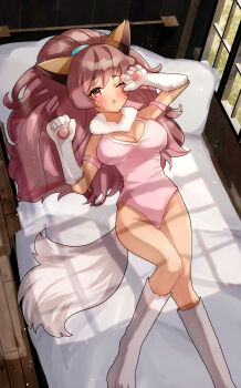 Rule 34 | 1girl, animal ears, arm strap, bed, breasts, cat ears, cat tail, cleavage, cleavage cutout, clothing cutout, commentary request, commission, fang, feet out of frame, full body, heart cutout, highres, leotard, long hair, one eye closed, open mouth, perisie (star ocean), pink eyes, pink hair, pink leotard, skeb commission, solo, star ocean, star ocean: first departure, tail, tori ririisu, window