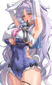 1girl absurdres animal_ears armpits arms_behind_head blue_sailor_collar blush breasts grey_eyes highres huge_breasts leotard long_hair mouth_hold neckerchief pink_neckerchief ponytail purple_hair purple_leotard rabbit_ears rabbit_girl rabbit_tail ribbon ribbon_in_mouth sailor_collar shia_(stella_sora) solo stella_sora sweat tail theory_(oortcloud1111) tying_hair