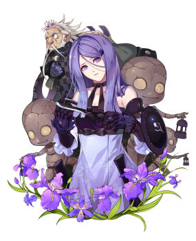 1boy 1girl armisael_(drag-on_dragoon) bare_shoulders beard black_gloves breasts cleavage collarbone cowboy_shot creature cutting_hair drag-on_dragoon drag-on_dragoon_3 dress earrings elbow_gloves empty_eyes eyebrows facial_hair facial_mark flower forehead_mark gloves hair_between_eyes hair_flower hair_ornament hairclip halterneck halterneck head_tilt holding jewelry kllsiren long_hair looking_at_viewer mustache octa_(drag-on_dragoon) old old_man outstretched_arm pointing purple_flower purple_hair roman_numeral scissors shield simple_background three_(drag-on_dragoon) white_background white_hair