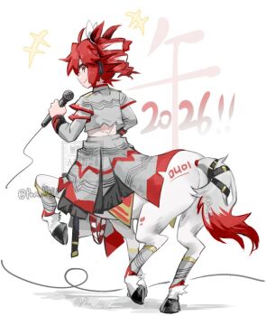 Rule 34 | 1girl, 2026, adapted costume, belt, centaur, chinese zodiac, commentary request, drill hair, drill sidelocks, from behind, grey skirt, headset, holding, holding microphone, horse tail, idol, idol clothes, kasane teto, leg up, leg wrap, looking at viewer, medium hair, microphone, monsterification, nejikyuu, number tattoo, red eyes, red hair, red trim, ribbon, side drill, sidelocks, signature, skirt, smile, solo, synthesizer v, tail, tail belt, tattoo, taur, twin drills, twintails, twitter username, utau, watermark, white background, white ribbon, year of the horse