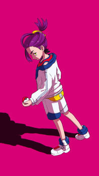 Rule 34 | 1boy, arincoeater, black hair, blue socks, closed mouth, commentary request, from behind, full body, hairband, high ponytail, highres, holding, holding poke ball, jacket, kieran (pokemon), looking at viewer, looking back, male focus, mole, mole on neck, multicolored hair, nintendo, pink background, poke ball, poke ball (basic), pokemon, pokemon sv, ponytail, purple hair, red tank top, shadow, shorts, socks, solo, tank top, two-tone hair, white jacket, white shorts, yellow bag, yellow eyes, yellow hairband