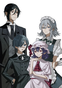 2boys 2girls apron aristocratic_clothes ascot bat_wings between_fingers bishounen black_hair black_suit blue_eyes blue_hair bow braid butler ciel_phantomhive commentary_request crossover eyepatch fingernails formal_clothes frills green_bow grey_hair grin hair_between_eyes hat hat_ribbon highres holding holding_knife izayoi_sakuya knife knives_between_fingers ko_gyoku kuroshitsuji long_fingernails looking_at_viewer maid maid_apron maid_headdress mob_cap multiple_boys multiple_girls open_mouth ouji_fashion pink_hat pointy_ears puffy_short_sleeves puffy_sleeves red_ascot red_eyes red_nails red_ribbon remilia_scarlet ribbon sebastian_michaelis sharp_fingernails short_hair short_sleeves smile suit touhou trait_connection tuxedo_shirt twin_braids victorian waist_apron wings