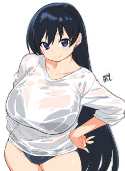 arato_nagi bad_tag bikini bikini_under_clothes black_hair blue_bikini blue_eyes collarbone contrapposto cowboy_shot ear_piercing hair_between_eyes hand_on_own_hip helmet highres legs_together long_hair looking_at_viewer piercing ruri_no_houseki seal_impression see-through_clothes see-through_shirt shirt simple_background standing straight_hair swimsuit take_shinobu v-shaped_eyebrows white_background white_shirt