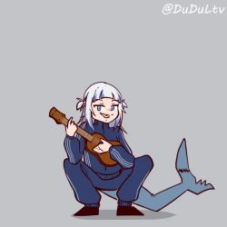 >_< 1girl adidas alternate_costume animated audible_music audible_speech blue_eyes blue_hair blunt_bangs dudul english_audio fins fish_tail full_body gawr_gura gopnik grey_background holding holding_instrument holding_ukulele hololive hololive_english instrument jacket long_sleeves multicolored_hair music pants playing_instrument shark_tail sharp_teeth simple_background singing solo sound squatting streaked_hair tail teeth track_jacket track_pants track_suit twitter_username two-tone_hair ukulele video virtual_youtuber white_hair