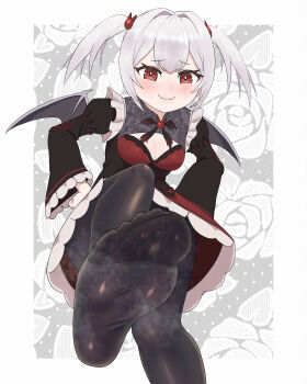 1girl absurdres blush demon_wings feet highres long_hair original pantyhose red_eyes smile soles steam toes twintails urin_(littleurin) white_hair wings