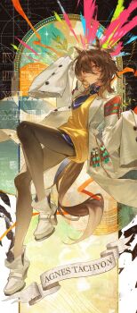 1girl absurdres agnes_tachyon_(tach-nology)_(umamusume) agnes_tachyon_(umamusume) black_thighhighs blue_necktie breasts brown_eyes brown_hair buttons character_name coat daniel_deng hair_between_eyes highres horse_girl looking_at_viewer medium_hair messy_hair necktie open_clothes open_coat red_eyes sleeves_past_fingers sleeves_past_wrists smile solo test_tube thighhighs umamusume white_coat wide_sleeves