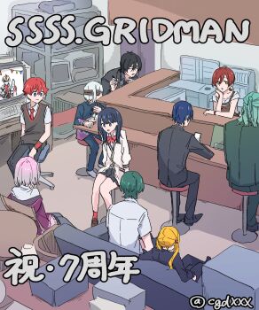 Rule 34 | 3girls, 6+boys, anti (ssss.gridman), apron, armor, black hair, black skirt, black suit, blonde hair, blue eyes, blue hair, borr, bow, bowtie, breasts, brown hair, collared shirt, earrings, formal clothes, green hair, grey hair, gridman (character), gridman (ssss), gridman universe, happy anniversary, hibiki yuuta, highres, himagosan, jacket, jewelry, long hair, long sleeves, mask, mature female, max (ssss.gridman), mother and daughter, multiple boys, multiple girls, necktie, off shoulder, open mouth, pleated skirt, purple hair, purple jacket, red bow, red hair, samurai calibur, school uniform, scrunchie, shinjou akane, shirt, short hair, short sleeves, sitting, skirt, smile, ssss.gridman, suit, takarada orie, takarada rikka, thighs, tokusatsu, twintails, utsumi shou, vit, white shirt, wing collar, wrist scrunchie, yellow eyes