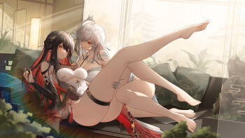 2girls absurdres aether_gazer bare_legs bare_shoulders barefoot black_hair black_sleeves breasts china_dress chinese_clothes claw_ring cleavage colored_inner_hair commentary_request couch detached_sleeves dress feet foot_focus foot_up full_body hades_(aether_gazer) hand_on_another&#039;s_thigh highres holding holding_own_hair indoors jiusan_naitang large_breasts legs light_rays lingguang_(aether_gazer) long_hair long_legs looking_at_another lying medium_breasts multicolored_hair multiple_girls on_side open_mouth parted_lips pillow plant red_eyes red_hair shoulder_tattoo sleeveless sleeveless_dress stethoscope tattoo thigh_strap toes two-tone_hair white_dress yuri