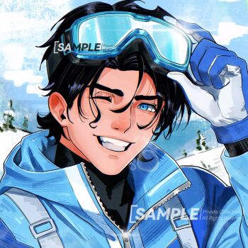 1boy batman_(series) black_hair blue_eyes commentary dc_comics dick_grayson gloves goggles goggles_on_head highres holding male_focus mountain muscular muscular_male nightwing pine_tree short_hair simple_background ski_gear ski_goggles skiing smallstarrrr smile snow symbol-only_commentary tree winter winter_clothes